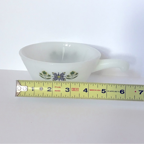 Anchor Hocking Fire King Milk Glass Meadow Green Bar Handle Soup Bowl 70s - Picture 10 of 12